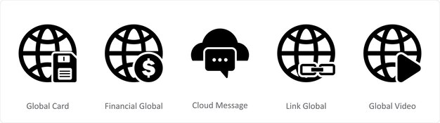 Un ensemble de 5 icônes Internet en tant que carte financière mondiale message nuage mondial