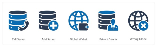 Un ensemble de 5 icônes Internet en tant que serveur d'appel ajouter serveur portefeuille mondial