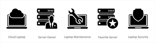Un ensemble de 5 icônes Internet en tant que serveur d'ordinateur portable en nuage propriétaire d'entretien d'ordinateurs portables