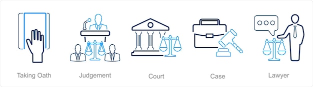 Un ensemble de 5 icônes de la justice en tant que jugement de justice sous serment