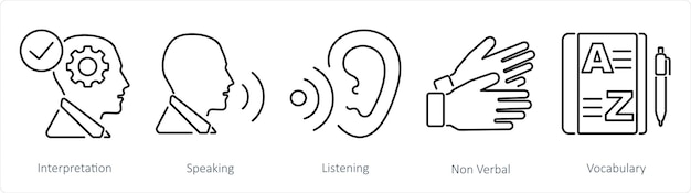 Un ensemble de 5 icônes de langue comme interprétation parler écouter