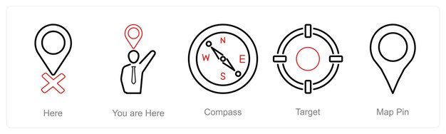 Un ensemble de 5 icônes de localisation comme ici vous êtes ici boussole