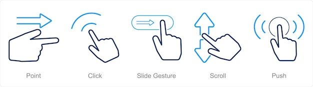 Vecteur un ensemble de 5 icônes de mains sous forme de défilement de geste de glissement de point-clic