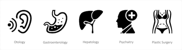 Vecteur un ensemble de 5 icônes médicales telles que l'otologie, la gastroentérologie et l'hépatologie