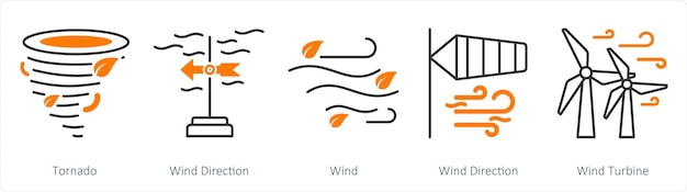 Un ensemble de 5 icônes météorologiques comme direction du vent de tornade