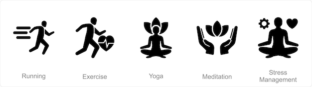 Vecteur un ensemble de 5 icônes mix comme exercice de course à pied et de yoga