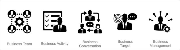 Un ensemble de 5 icônes Mix en tant qu'activité commerciale de l'équipe commerciale, conversation commerciale