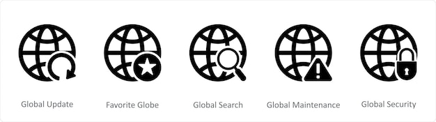 Un ensemble de 5 icônes noires Internet comme mise à jour mondiale préféré globe recherche mondiale