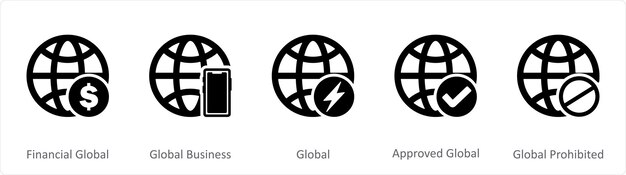 Un ensemble de 5 icônes noires Internet en tant que financier mondial mondial des affaires mondial