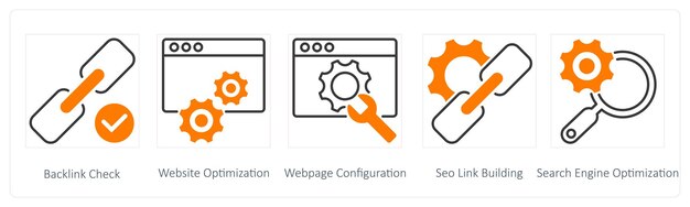 Un ensemble de 5 icônes SEO comme backlink vérifier l'optimisation du site web configuration du site web