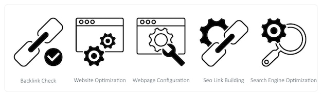 Un ensemble de 5 icônes SEO comme backlink vérifier l'optimisation du site web configuration du site web