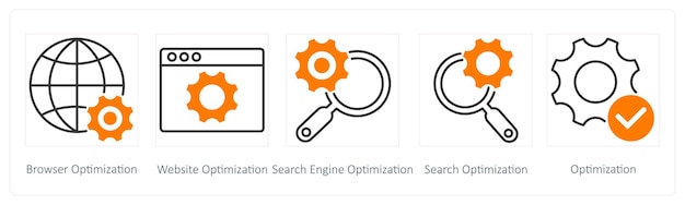 Un ensemble de 5 icônes Seo comme optimisation du navigateur optimisation du webiste optimisation du moteur de recherche