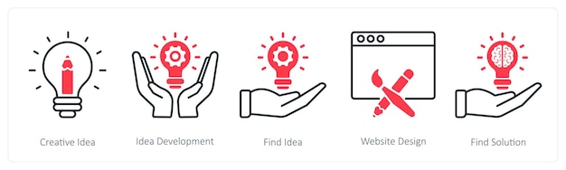 Un ensemble de 5 icônes SEO en tant qu'idée créative, développement d'idée, recherche d'idée