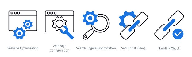 Un ensemble de 5 icônes SEO en tant qu'optimisation de site Web configuration de site Web optimisation des moteurs de recherche