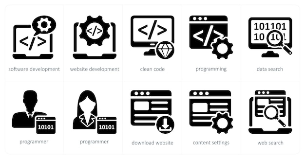 Un ensemble de 5 icônes SEO en tant que logiciel de développement de site Web de développement de code propre
