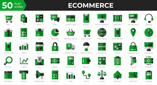 Ensemble De 50 Icônes Web De Commerce électronique Dans Un Style Plat Facture De Profit De Carte De Crédit Collection D'icônes Plates Illustration Vectorielle