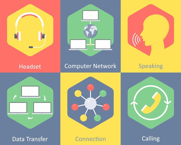 Un ensemble de 6 icônes de communication en tant que casque de réseau informatique parlant