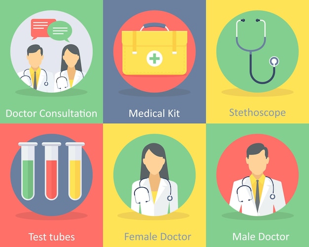Un ensemble de 6 icônes médicales telles que le kit médical de consultation du médecin