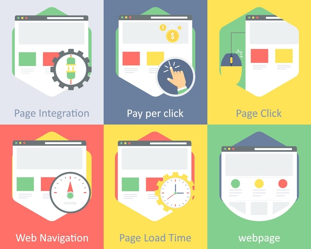 Un ensemble de 6 icônes de mise en page Web en tant qu'intégration de page pay par clic page clic