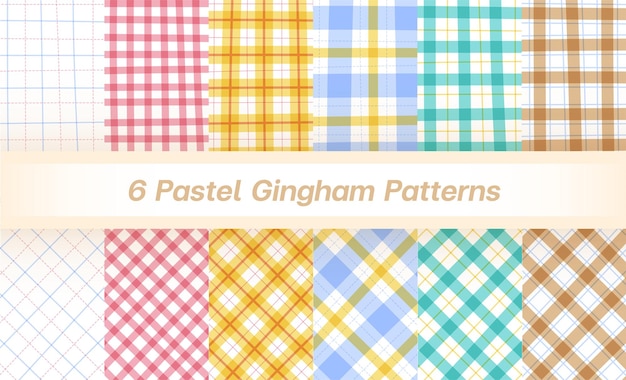 Ensemble De 6 Pastel Gingham Pattern Background Handfree Style Editable Stroke Tartan Plaid Pale