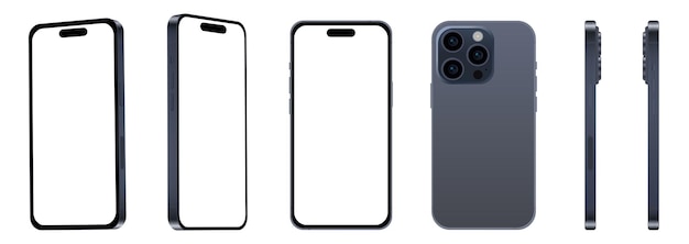 Ensemble de 6 pièces différents angles 15 PRO modèles de smartphone en titane bleu nouvelle maquette de l'industrie informatique pour la conception web sur fond blanc illustration vectorielle