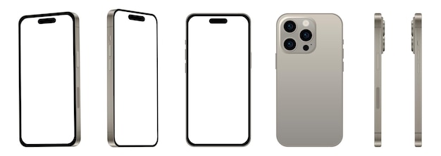 Ensemble de 6 pièces différents angles 15 PRO modèles de smartphone en titane naturel nouvelle maquette de l'industrie informatique pour la conception web sur fond blanc illustration vectoriel