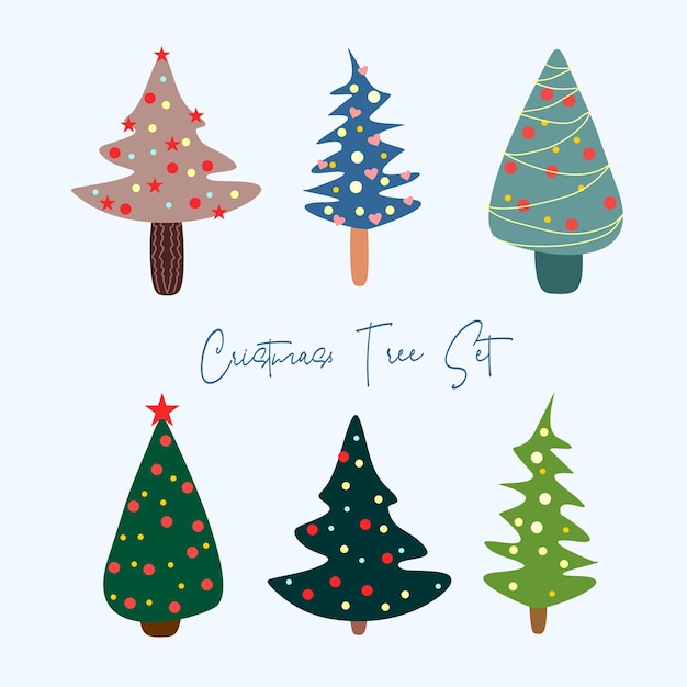 Un ensemble de 6 sapins de Noël dans un style dessin animé, mignon et plat. S'il est décoré de ballons, de guirlandes