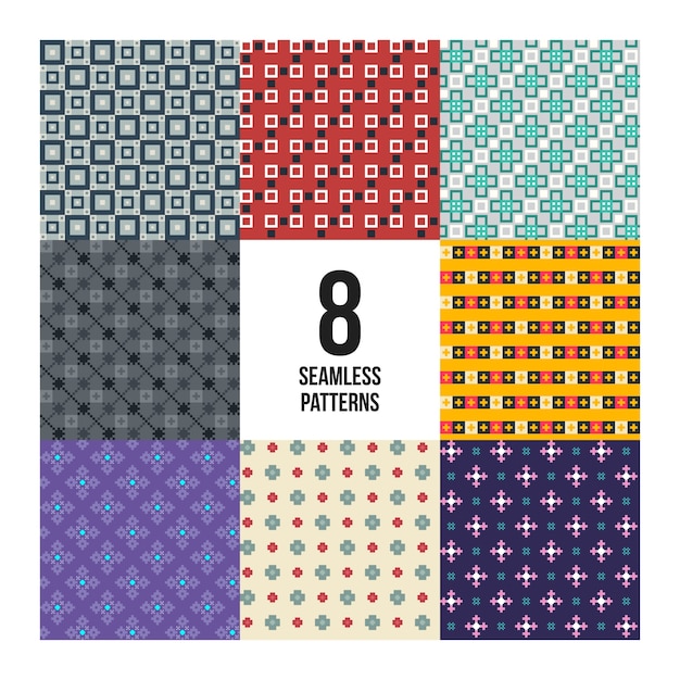 Ensemble De 8 Motifs Pixelés Colorés. Style Enfantin. Utile Pour L'emballage Et La Conception Textile.