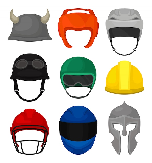 Ensemble De 9 Casques. Casque De Protection Pour Chevalier, Constructeur, Motocycliste, Boxeur, Footballeur Et Hockeyeur