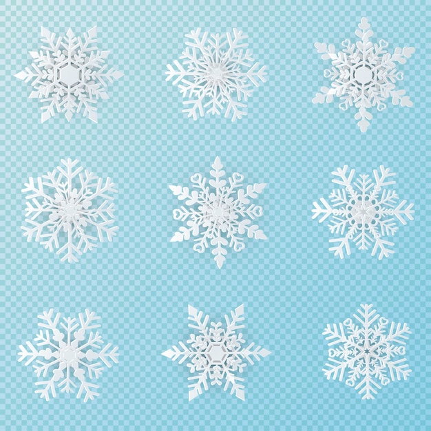 Ensemble De 9 Illustrations De Papier De Flocons De Neige De Noël Blanc Sur Transparent