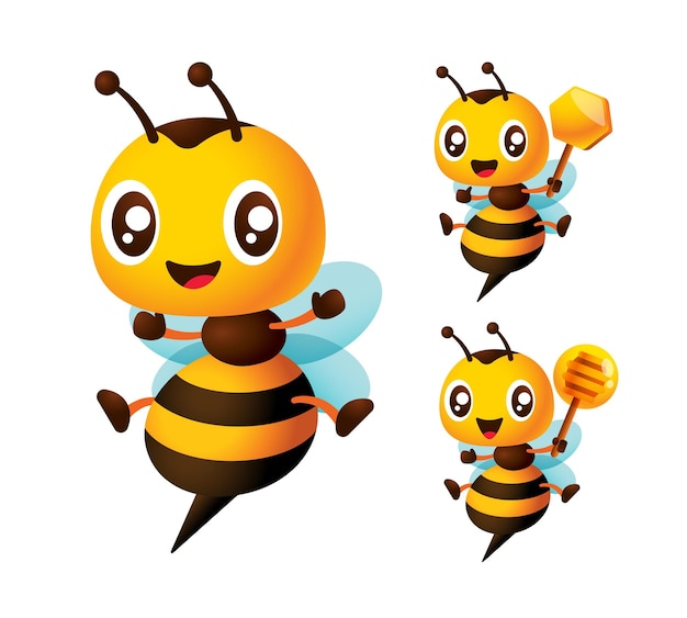 Ensemble d'abeille de dessin animé mignon tenant une louche à miel et une collection de mascotte de personnage de signe en nid d'abeille