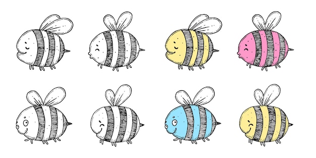 Ensemble D'abeilles De Ligne D'encre Dessinées à La Main