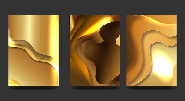 Ensemble abstrait A4 d'illustrations de papier 3d doré Couleurs monochromes Gradients lumineux Mise en page de conception de vecteur pour les bannières de présentation flyers affiches et invitations