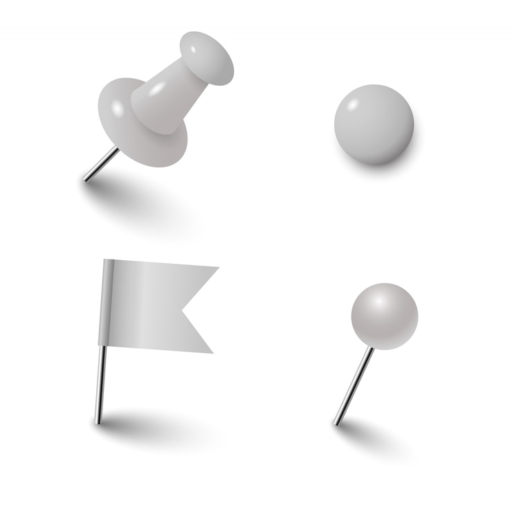 Vecteur ensemble d'accessoires de bureau réalistes. broche blanche, drapeau, tack, aimant.