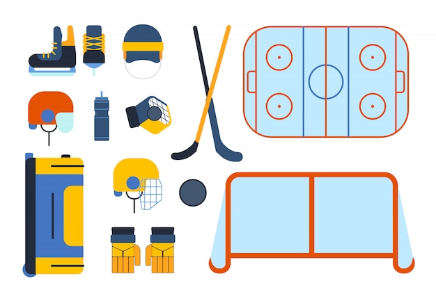 Vecteur ensemble et accessoires de hockey en style plat.