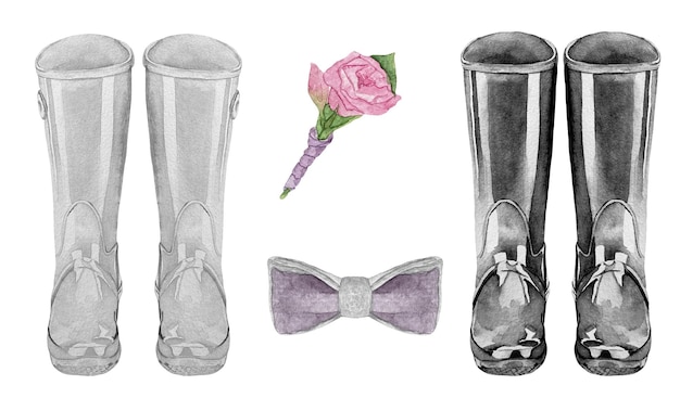 Ensemble d'accessoires de mariée et de marié de mariage aquarelle bottes en caoutchouc boutonnière noeud papillon