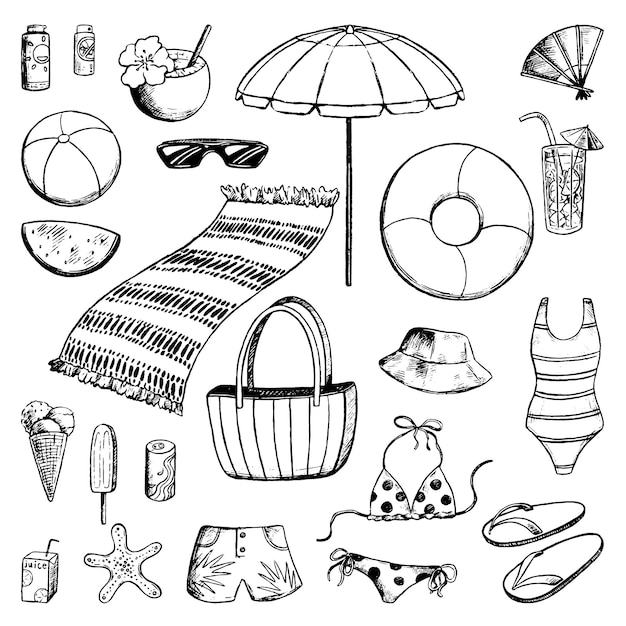 Vecteur ensemble d'accessoires mignons pour des vacances à la plage. vacances à la mer, été, plage. collection de thèmes de vacances dans le style de croquis. illustration vectorielle dessinés à la main. éléments de contour d'encre noire isolés pour la conception.