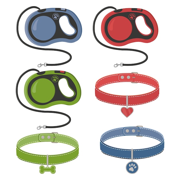 Un Ensemble D'accessoires Pour Chiens Et Chats Un Collier Avec Un Médaillon Et Une Laisse De Ruban à Mesurer Illustration Vectorielle Isolée