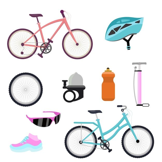 Vecteur ensemble d'accessoires de vélo et illustration de style design plat de vélo