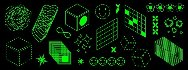 Ensemble d'acide futuriste rétro Illustration vectorielle d'objets de perspective cubes 3d formes géométriques numériques smileys et signes