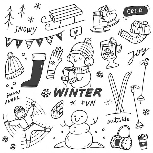 Ensemble D'activités D'hiver Dans Le Style Doodle