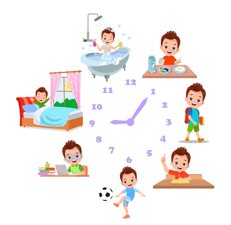 Vecteur ensemble d'activités de routine quotidienne pour enfants de dessin animé
