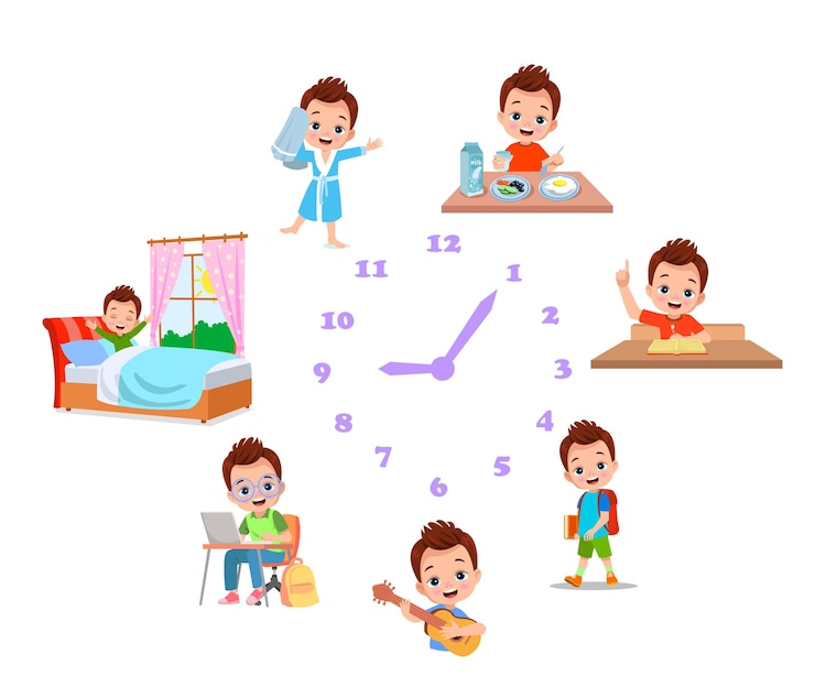 Vecteur ensemble d'activités de routine quotidiennes pour enfants de dessin animé