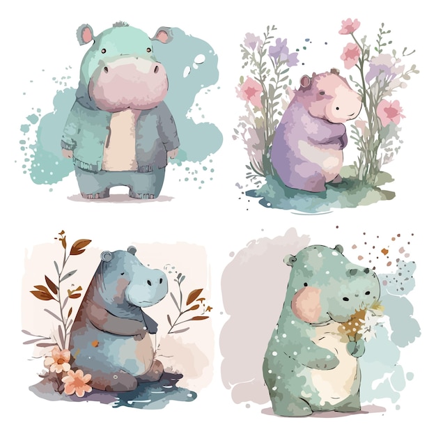 Ensemble d'adorables hippopotames doodle mignons avec illustration aquarelle