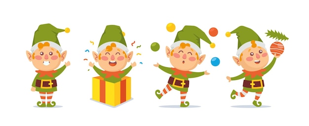 Ensemble D'adorables Personnages De Dessins Animés, Elfes Ou Gnomes. Collection De Lutins De Noël Isolé Sur Fond Blanc. Ensemble De Petits Assistants Du Père Noël Tenant Des Cadeaux Et Des Décorations De Vacances. Illustration Vectorielle