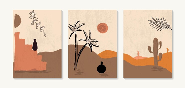 Ensemble d'affiches abstraites avec des plantes de paysage africaines à la main avec une lune ou un soleil de serpent