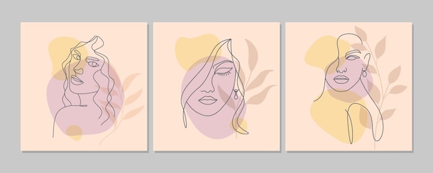 Ensemble d'affiches d'art mural de portrait de visage de femme de dessin de ligne de beauté abstraite