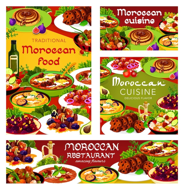 Ensemble d'affiches et de bannières vectorielles de repas de cuisine marocaine