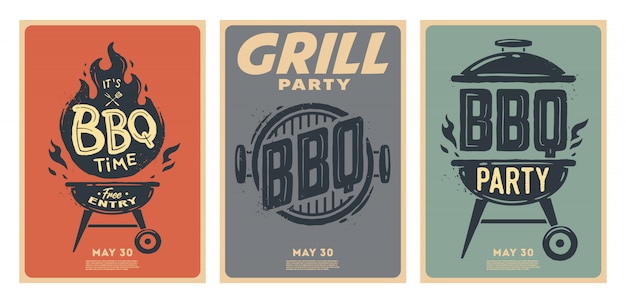 Ensemble D'affiches De Barbecue. Le Temps Du Barbecue. Soirée Barbecue. Affiche Vintage.