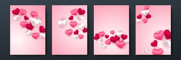 Ensemble d'affiches de concept de la Saint-Valentin. Illustration vectorielle. Coeurs de papier rouge et rose 3d avec cadre sur fond géométrique. Jolies bannières ou cartes de voeux de vente d'amour